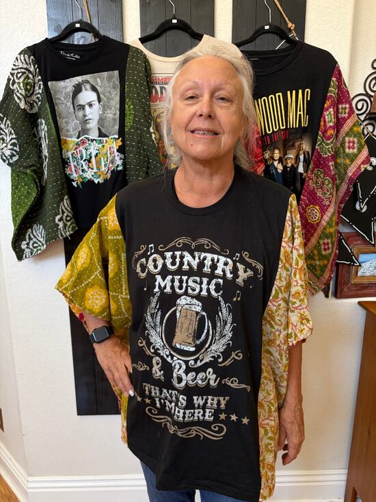 Upcycled Tops - Country Music and Beer Upcycled Kantha Tunic Top Shirt OS Boho